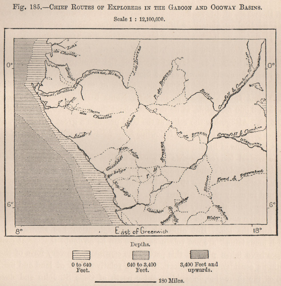 Chief routes of explorers in the Gabon & Ogooué(Ogowe)Basins.Gabon 1885 map